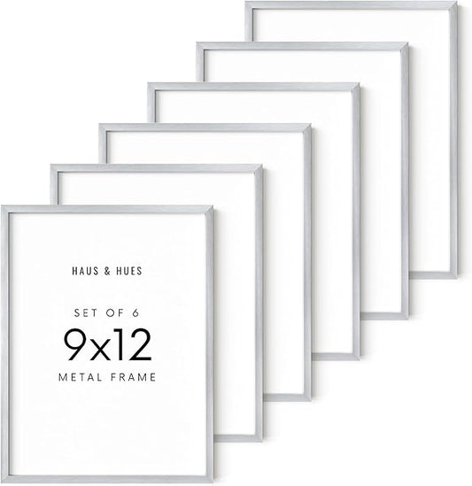 HAUS AND HUES 9x12 Silver Metal Picture Frames - Premium Aluminum with Vertical & Horizontal Hanging, Shatterproof Plexiglass - Perfect for Home or Office (9x12 in, Silver, Set of 6)
