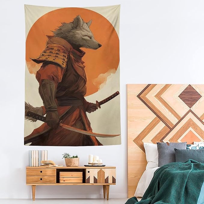JYOUQOC Wolf Samurai Tapestry Large Wall Art Decor Wall Hanging Flag Backdrop for Living Room Dorm Office Bedroom 60"×90"