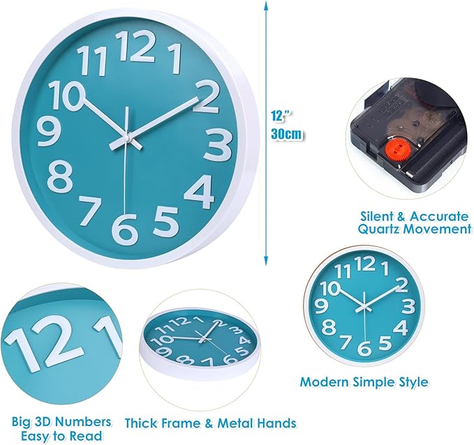 Wall Clock Silent Non Ticking Indoor Outdoor Clock Battery Operated Easy to Read Analog Decorative Clocks for Bedroom Office Home Patio Pool Porch Decor,12 Inch Aqua
