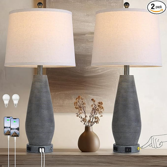 Farmhouse Table Lamps Set of 2 with USB C+A Ports and AC Outlet, 3 Way Touch Rustic Bedside Lamps for Living Room, 26.5" Grey Vintage Lamps for Bedroom Nightstand