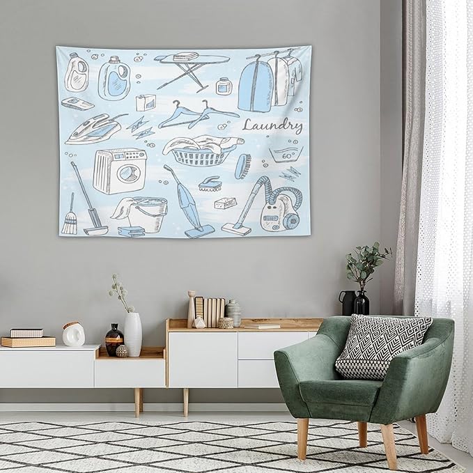ZhiRain Laundry Room Tapestry Wall Hanging Blue Laundry Theme Tapestries Home Decor for Living Room Bedroom Farmhouse Apartment Dorm 30"x40"