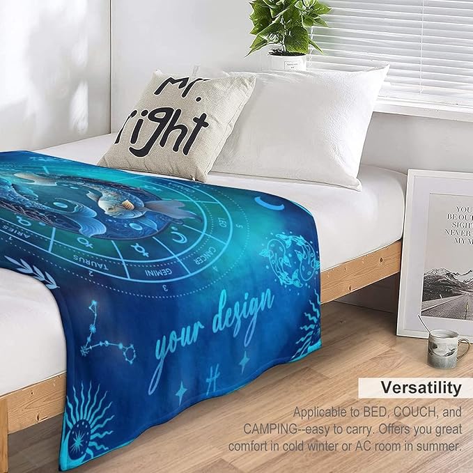 Custom Pisces Blanket Gifts, 50" x 40" Rectangular Flannel Zodiac Throw Blanket Cozy, Personalized Gift for Boys Girls Teen Women Men Tarot Cards Lovers Birthday Anniversary Festival