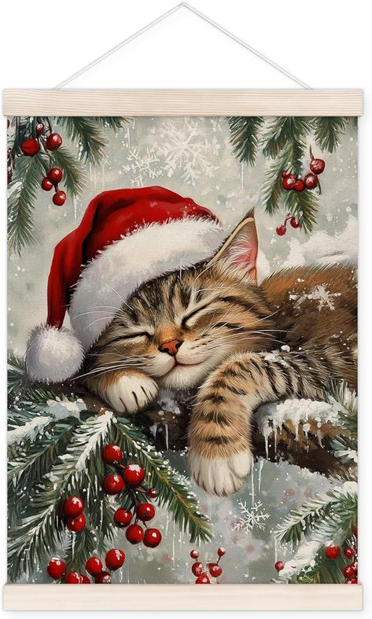 Christmas Cat Poster Hanger with Wood Frame, Winter Christmas Tabby Cat Wall Art Decor for Home, Rustic Winter Farmhouse Xmas Kitty Posters for Bedroom Living Room Decor, 12x16 Inch