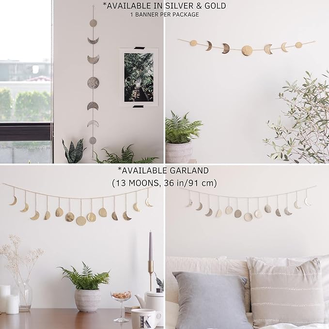 BASE ROOTS Moon Phase Wall Decor, Silver Wall Art for Bedroom, Bohemian and Astrology, Witchy Aesthetic 34" 7 Phases Metal Moon Wall Banner, Celestial Decoration, Gift for Women & Kids