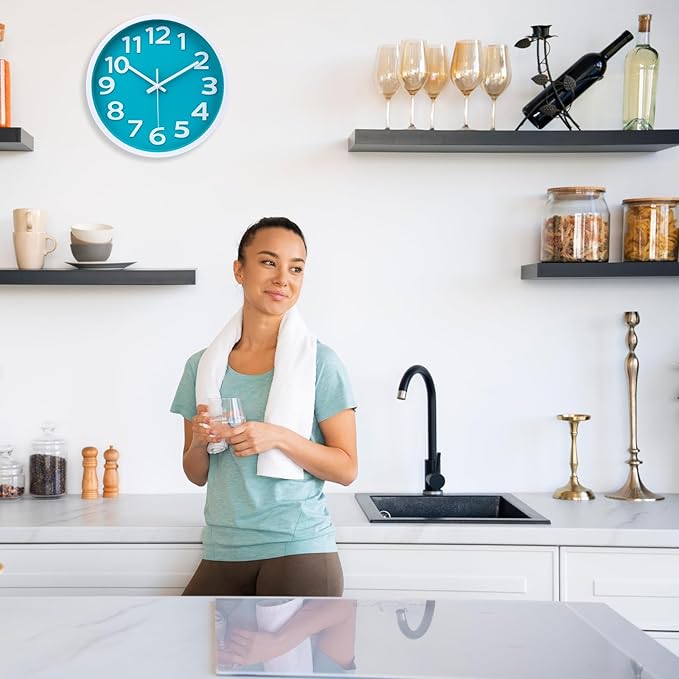 10 Inch Wall Clock Silent Non-Ticking, Big Numbers Easy to Read,Battery Operated Round Quartz Analog Clock for Kitchen Bathroom Classroom Kids Bedroom Wall Decor,Coastal Beach Theme (Aqua)