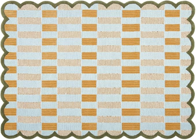 Hand-Tufted Wool Rug with Scalloped Edges, Light Blue Plaid Pattern, Cozy Soft Area Rug for Living Room, Bedroom and Nursery, Handmade Modern Accent Rug, 1x1 Ft (Sample)