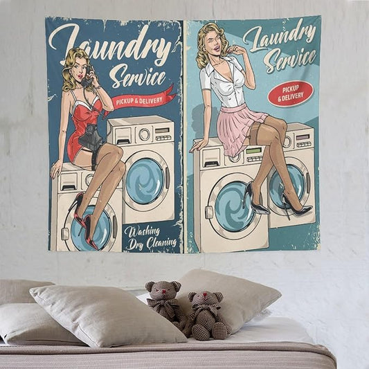 ZhiRain Laundry Service Tapestry Wall Hanging Vintage Laundry Room Poster Tapestries Home Decor for Living Room Bedroom Farmhouse Apartment Dorm 50"x60"