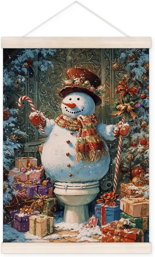 Funny Winter Christmas Snowman Poster Hanger with Wood Frame, Rustic Christmas Wall Art Decor for Bathroom, Retro Farmhouse Xmas Posters for Washroom Restroom Toilet Decor, 12x16 Inch