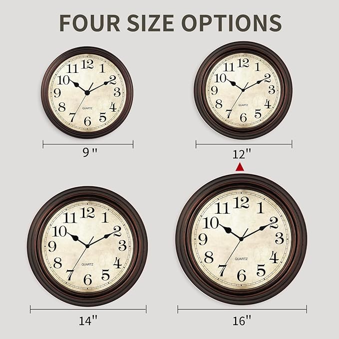 HYLANDA Wall Clock, 12 Inch Silent Non Ticking Battery Operated Clocks, Decorative for Living Room, Bedrooms, Kitchen (Bronze)