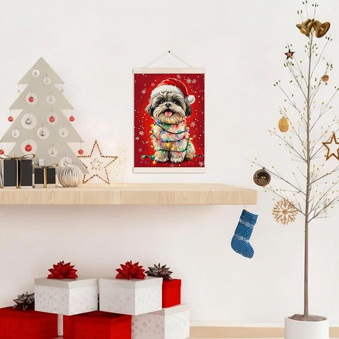 Funny Christmas Shih Tzu Poster Hanger with Wood Frame, Christmas Dog Wall Art Decor for Home, Shih Tzu Gift for Women, Xmas Shihtzu Posters for Bedroom Living Room Decor, 12x16 Inch