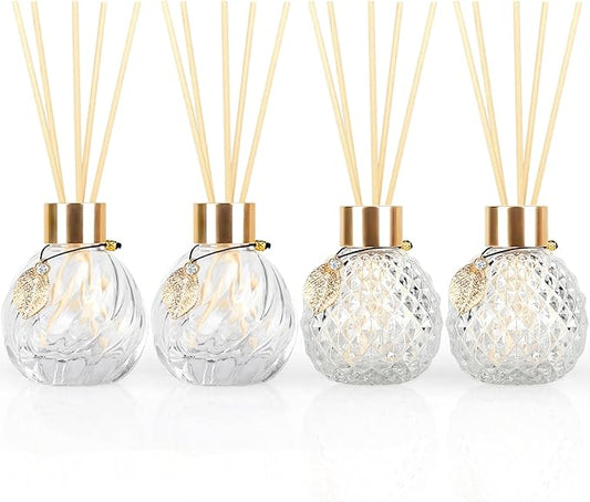 4Pcs Reed Diffuser Set with Metal Golden Decoration, Empty Reed Diffuser Bottles with 20Pcs Reed Diffuser Sticks, Unique Design Bottles for Home and Office(2 Spiky Ellipsoidal+2Twill)