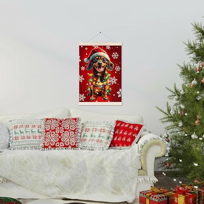Funny Christmas Dachshund Poster Hanger with Wood Frame, Christmas Weiner Dog Wall Art Decor for Home, Dachshund Gifts for Women Men, Xmas Dog Posters for Bedroom Living Room Decor, 12x16 Inch