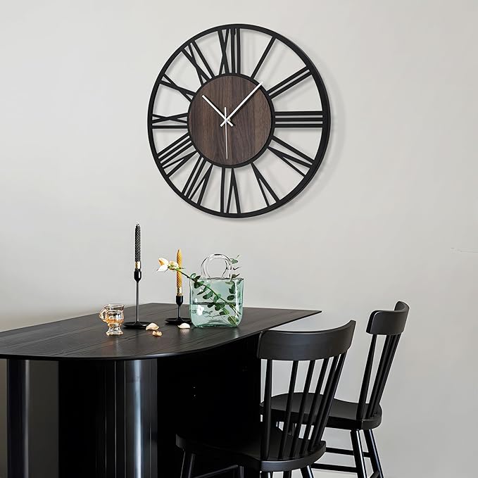 LEIKE Large Wall Clocks,Silent,Non Ticking,Battery Operated Rustic Round Modern Big Wood Wall Clock for Living Room, Bedroom,Kitchen,Farmhouse,Office,Home Decor-16 Inch(Black-Roman Numerals)