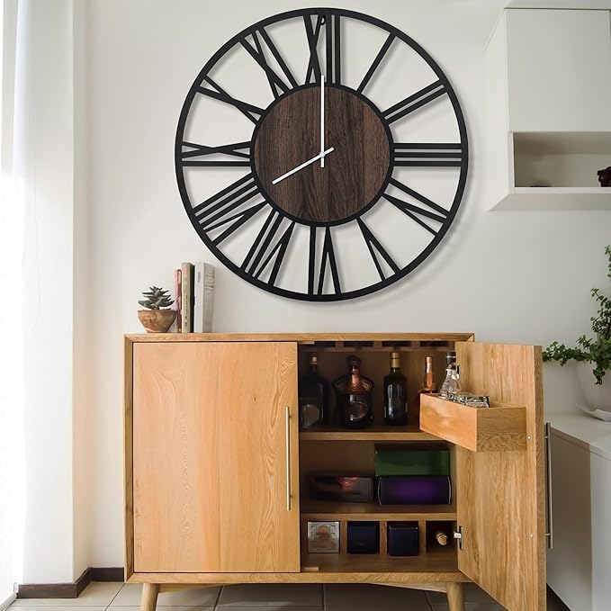 LEIKE Large LED Wall Clocks,Silent,Non Ticking,Battery Operated Rustic Round Modern Big Wood Wall Clock for Living Room, Bedroom,Kitchen,Farmhouse,Office,Home Decor -32" Black,LED,Roman Number