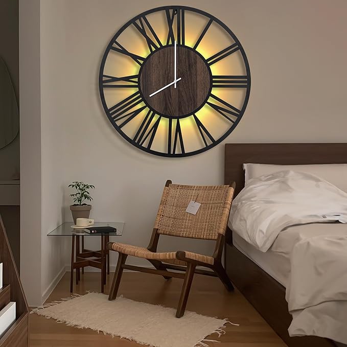 LEIKE Large LED Wall Clocks,Silent,Non Ticking,Battery Operated Rustic Round Modern Big Wood Wall Clock for Living Room, Bedroom,Kitchen,Farmhouse,Office,Home Decor -32" Black,LED,Roman Number