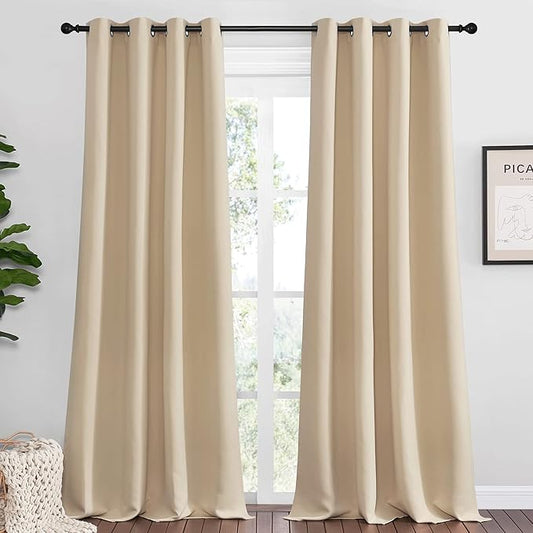 NICETOWN Bedroom Blackout Curtains Panels, 1 Pair, 55 inches by 92 Inch, Biscotti Beige, Triple Weave Energy Saving Thermal Insulated Solid Grommet Blackout Draperies for Patio