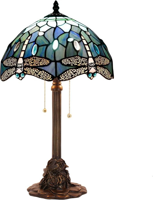 Tiffany Stained Glass Table Lamp 12X12X21Inch Resin Base Desk Bedroom Living Room Reading Light (Blue Dragonfly)
