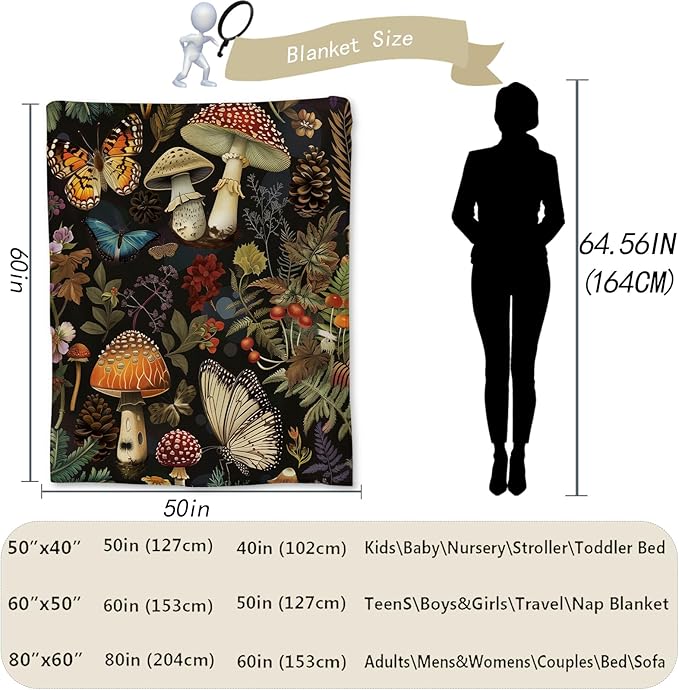 Mushroom Blanket - Soft, Cozy, Lightweight Flannel Throw Blankets for Couch, Bed, and Travel, Fluffy Decor Perfect for Outdoor Use and Home Decor, for Adults Women Boys Girls 80×60 in