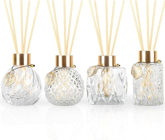 4-Piece Reed Diffuser Set with Metal Golden Decoration, 3.5-4.2oz Empty Bottles and 20 Reed Sticks, Unique Design for Home and Office (4 Different Bottles)