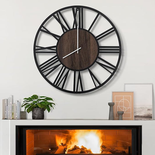 LEIKE Large Wall Clocks,Silent,Non Ticking,Battery Operated Rustic Round Modern Big Wood Wall Clock for Living Room, Bedroom,Kitchen,Farmhouse,Office,Home Decor-16 Inch(Black-Roman Numerals)