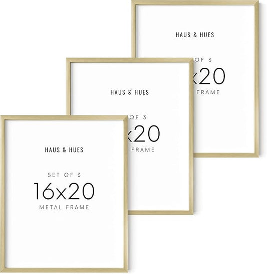 HAUS AND HUES 16x20 Gold Picture Frames - Modern Aluminum Wall Art Display - Lightweight 16x20 Frames for Posters, Prints, Photos - Ready-to-Hang Vertically & Horizontally (Set of 3)
