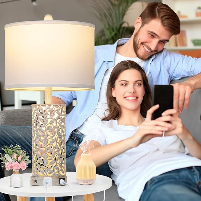 Morden Farmhouse Table Lamps Set of 2, Touch Control Bedside lamp with 2 USB Ports & AC Outlet,Vintage Nightstand Lamp with Nightlight for Bedroom Living Room Entryway,White