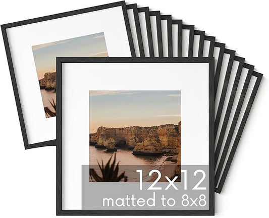 HAUS AND HUES Black Oak Wood 12x12 Picture Frames - Set of 15, Square Frames with Mat, Minimalist Frames for Posters and Prints (12x12 in, Black, Set of 15)