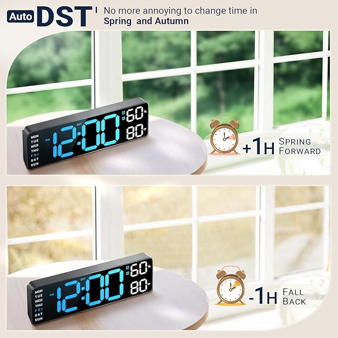 10" Digital Wall Clock: Dual Alarm Wall Mount Decor Clock for Living Room Classroom Office Desk, House Warming Gifts New Home Decor, Christmas Gift for Mom Dad Seniors Teen Blue