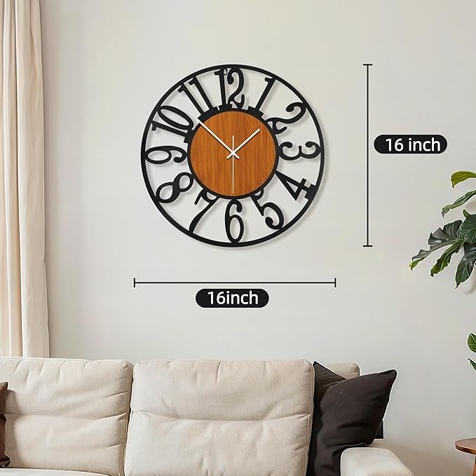 Maxstar Round Wall Clock for Living Room Decor Battery Operated Non Ticking Black Metal Wood Clocks for Home Living Room Garden Office Kitchen Decoration -16 inch