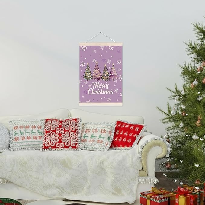 Purple Merry Christmas Tree Poster Hanger with Wood Frame, Winter Christmas Tree Wall Art Decor for Home, Preppy Xmas Winter Holiday Posters for Bedroom Living Room Xmas Party Decor, 12x16 Inch
