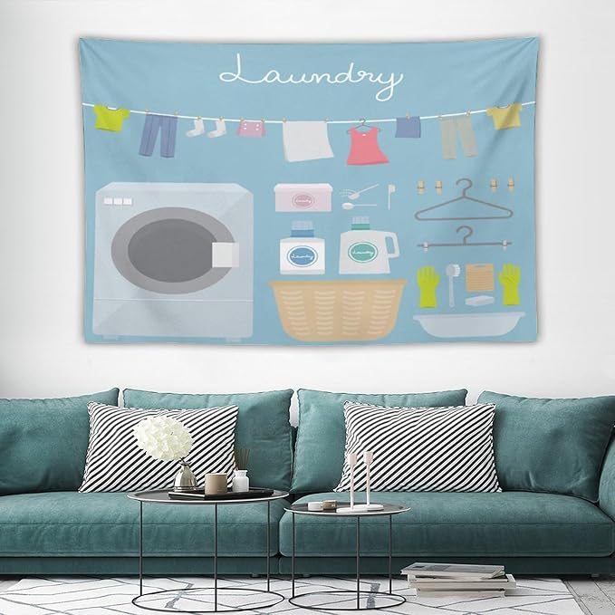 ZhiRain Laundry Room Tapestry Wall Hanging Blue Cartoon Wash Dry Fold Tapestries Home Decor for Living Room Bedroom Farmhouse Apartment Dorm 60"x90"