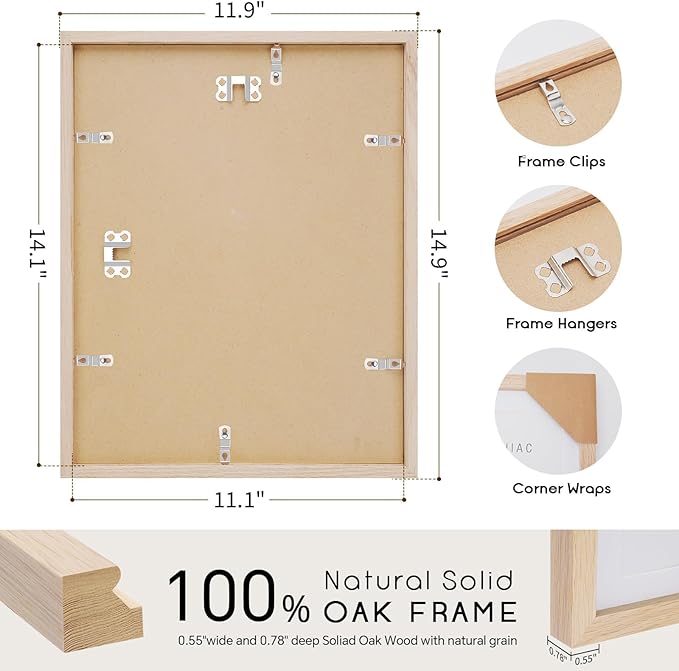 11x14 Oak Wood Picture Frame - Minimalist 11x14 Poster Frame, 11"x14" Frame Wood, Natural Solid Wooden Picture Frames for Wall Art Photo and Prints(1 Pack, Beige)