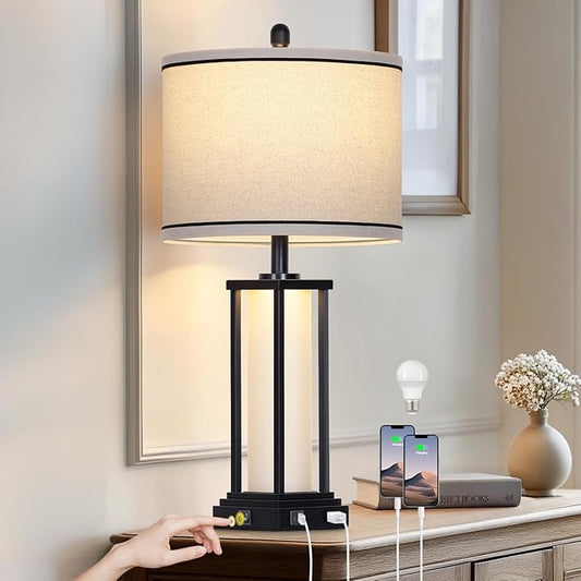 27in Tall Farmhouse Table Lamp with USB C+A & Outlet,Black Industrial End Table Lamp for Living Room,Vintage Rustic Bedside Lamp with Night Light for Bedroom Nightstand,Single Black