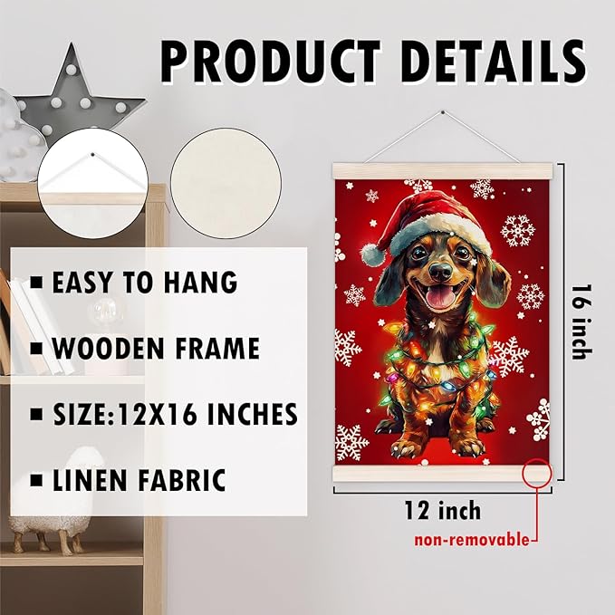Funny Christmas Dachshund Poster Hanger with Wood Frame, Christmas Weiner Dog Wall Art Decor for Home, Dachshund Gifts for Women Men, Xmas Dog Posters for Bedroom Living Room Decor, 12x16 Inch