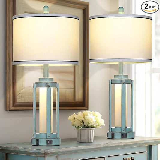 Table Lamp for Living Room, Vintage Rustic Industrial Farmhouse Lamps with USB A+C Charging Ports & AC Outlet, Beside Nightstand Metal Lamp with LED Night Light & Fabric Shade for Bedrooms