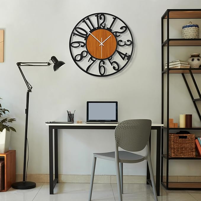 Maxstar Round Wall Clock for Living Room Decor Battery Operated Non Ticking Black Metal Wood Clocks for Home Living Room Garden Office Kitchen Decoration -16 inch