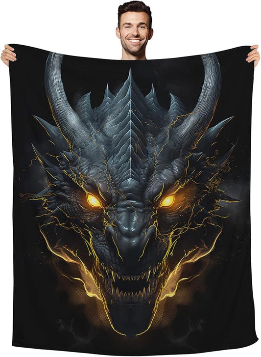 Huke plush Dragon Throw Blanket, Cool black/gold dragon, 50"x40", Ideas for Men/Women/Teens/Kids%%Boys/Girls, Gifts for Dragon Lovers