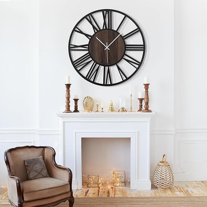 LEIKE Large Wall Clocks,Silent,Non Ticking,Battery Operated Big Retro Round Modern Wood Wall Clock for Living Room, Bedroom,Dinning Room,Farmhouse,Office,Home Decor-20 Inch(Black-Roman Numerals)