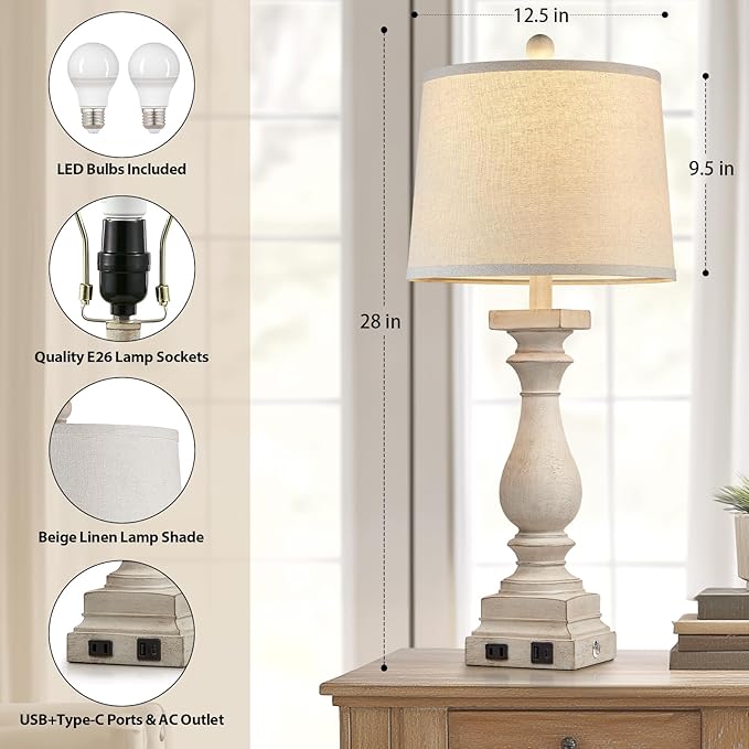28" Tall Farmhouse Table Lamps with USB C+A Ports and AC Outlet, 3 Way Touch Control Rustic Bedside Lamps for Bedroom, Beige Vintage Nightstand Lamps for Living Room Office
