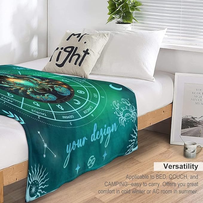 Custom Cancer Blanket Gifts, 40" x 30" Rectangular Flannel Zodiac Throw Blanket Cozy, Personalized Gift for Boys Girls Teen Women Men Tarot Cards Lovers Birthday Anniversary Festival