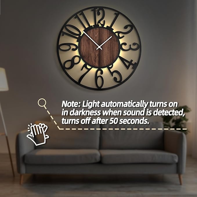 LEIKE Large Wall Clocks with Night Light Battery Operated,Silent Non Ticking,Rustic Modern Big Wood Clock for Living Room, Bedroom,Kitchen,Farmhouse,Office,Home Decor-30 Inch(Black-Arabic Number)