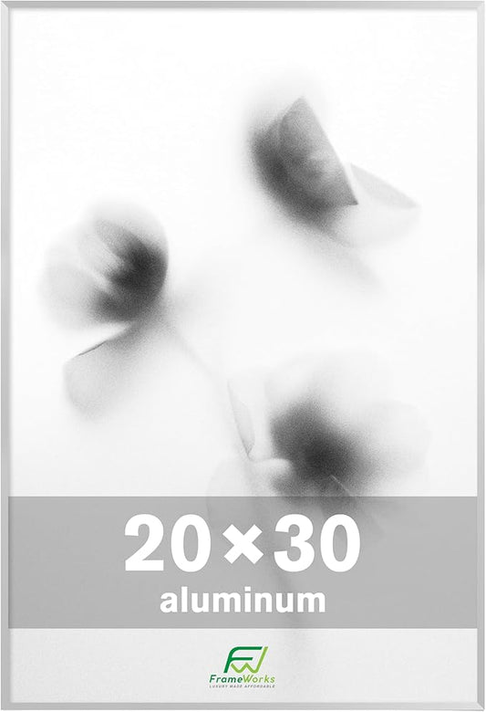 FrameWorks 20x30 Brushed Aluminum Poster Frames – Modern Brushed Metal Design w/Shatterproof Plexiglass, Perfect for Posters, Artwork, Paintings, Wall Displays – Home or Office Decor, Silver - 1 Pack
