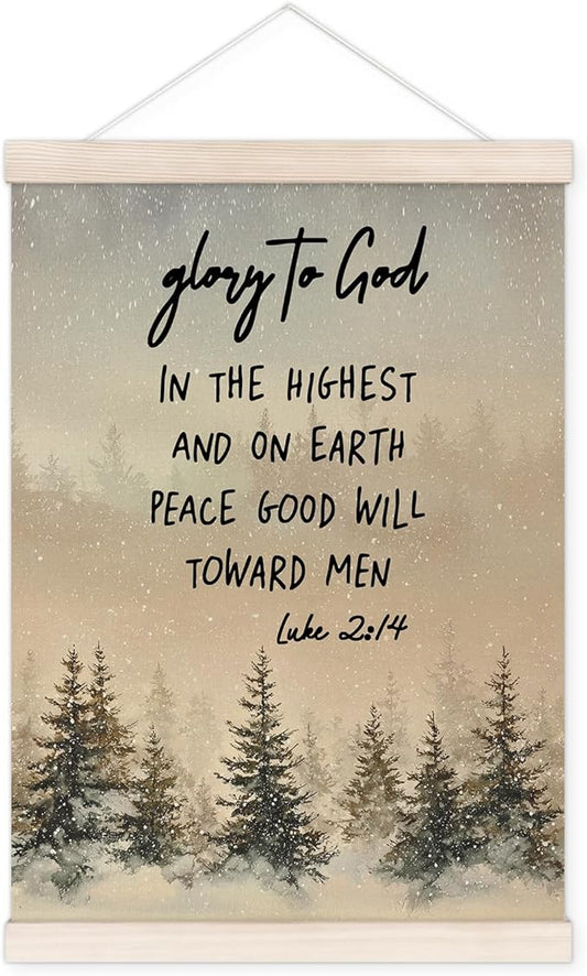Vintage Winter Christian Christmas Poster Hanger with Wood Frame, Religious Christmas Wall Art Decor for Home, Winter Xmas Pine Tree Bible Verse Posters for Bedroom Church Decor, 12x16 Inch