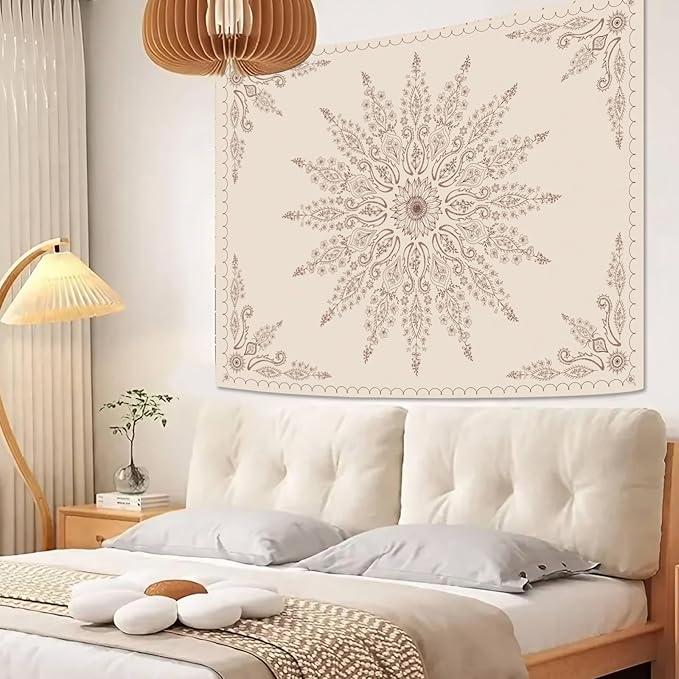 Fowocu Boho Floral Mandala Tapestry for Bedroom Aesthetic Bohemian Flower Wall Tapestry Beige Hippie Indian Large Tapestries Wall Hanging for Living Room Dorm Decor 80 x 60 Inch