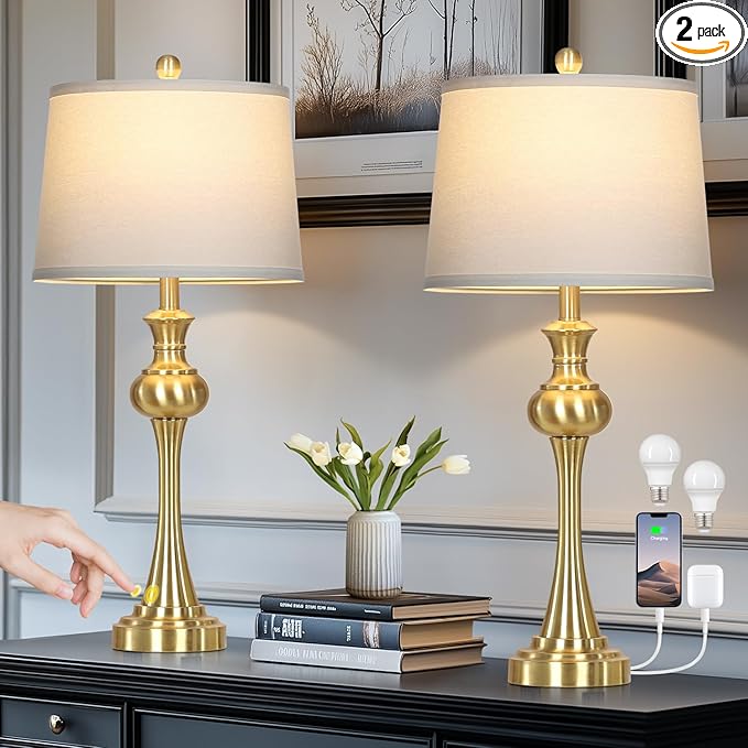 28.75" Gold Table Lamps for Living Room,Touch Lamps for Bedrooms Set of 2 - Nightstand Table Lamp with USB C+A, 3 Way Dimmable Bedside Lamps End Tables, Antique Brass