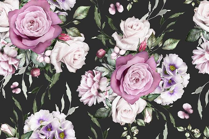 Seamless Pattern of Flowers and Exotic Leaves on a Black Background. Floral Roses and Peonies Wall Mural(Non-self-Adhesive)