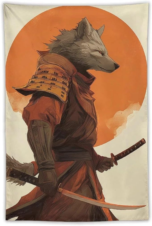 JYOUQOC Wolf Samurai Tapestry Wall Decor Large Wall Art Backdrop Flag Hanging for Bedroom Living Room Dorm Office 40"×60"