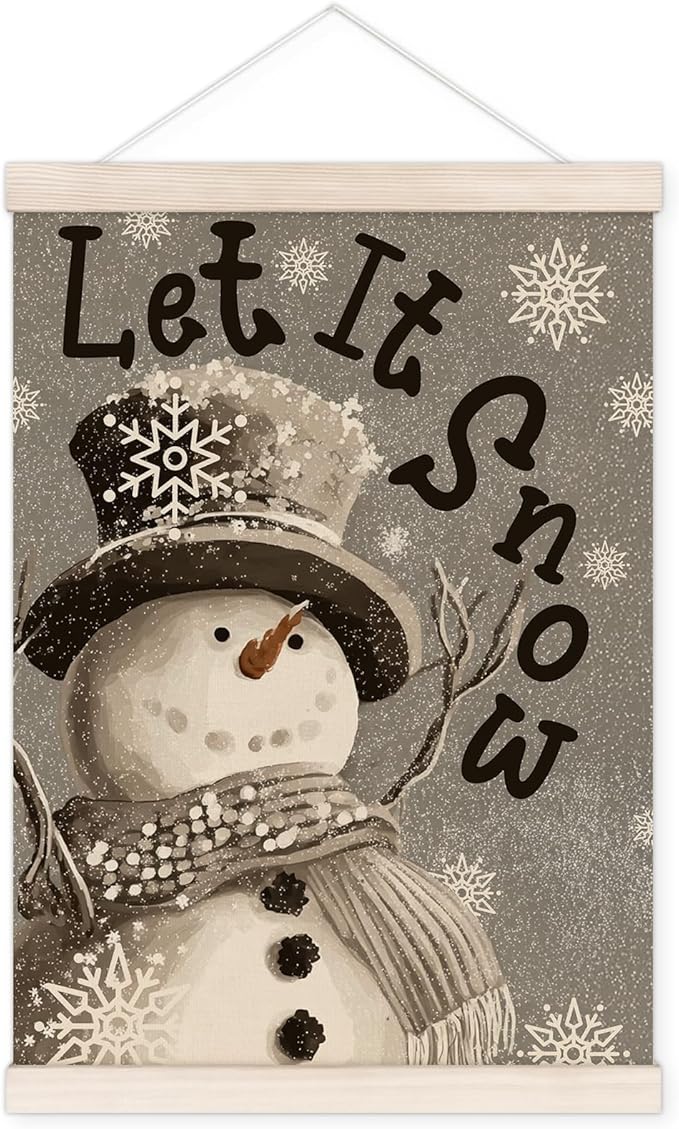 Let It Snow Christmas Snowman Poster Hanger with Wood Frame, Winter Christmas Wall Art Decor for Home, Winter Xmas Snowman Holiday Posters for Bedroom Living Room Decor, 12x16 Inch