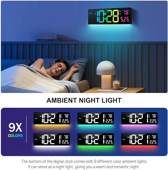Digital Wall Clock Large Display 16", Digital Clock with 11 RGB Colors Changing Remote Control, LED Clocks with Night Lights for Living Room Bedroom Office Classroom Decor, Auto DST (Multicolor)