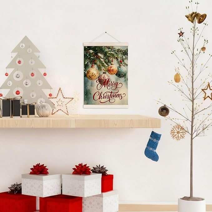 Merry Christmas Poster Hanger with Wood Frame, Winter Christmas Ornaments Bauble Ball Wall Art Decor for Home, Cottagecore Winter Xmas Posters for Bedroom Living Room Decor, 12x16 Inch